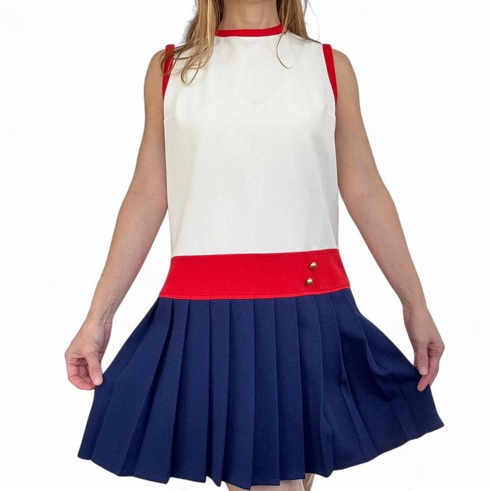 60s Vintage White Red Blue Mod Pleated Sleeveless Dress S M